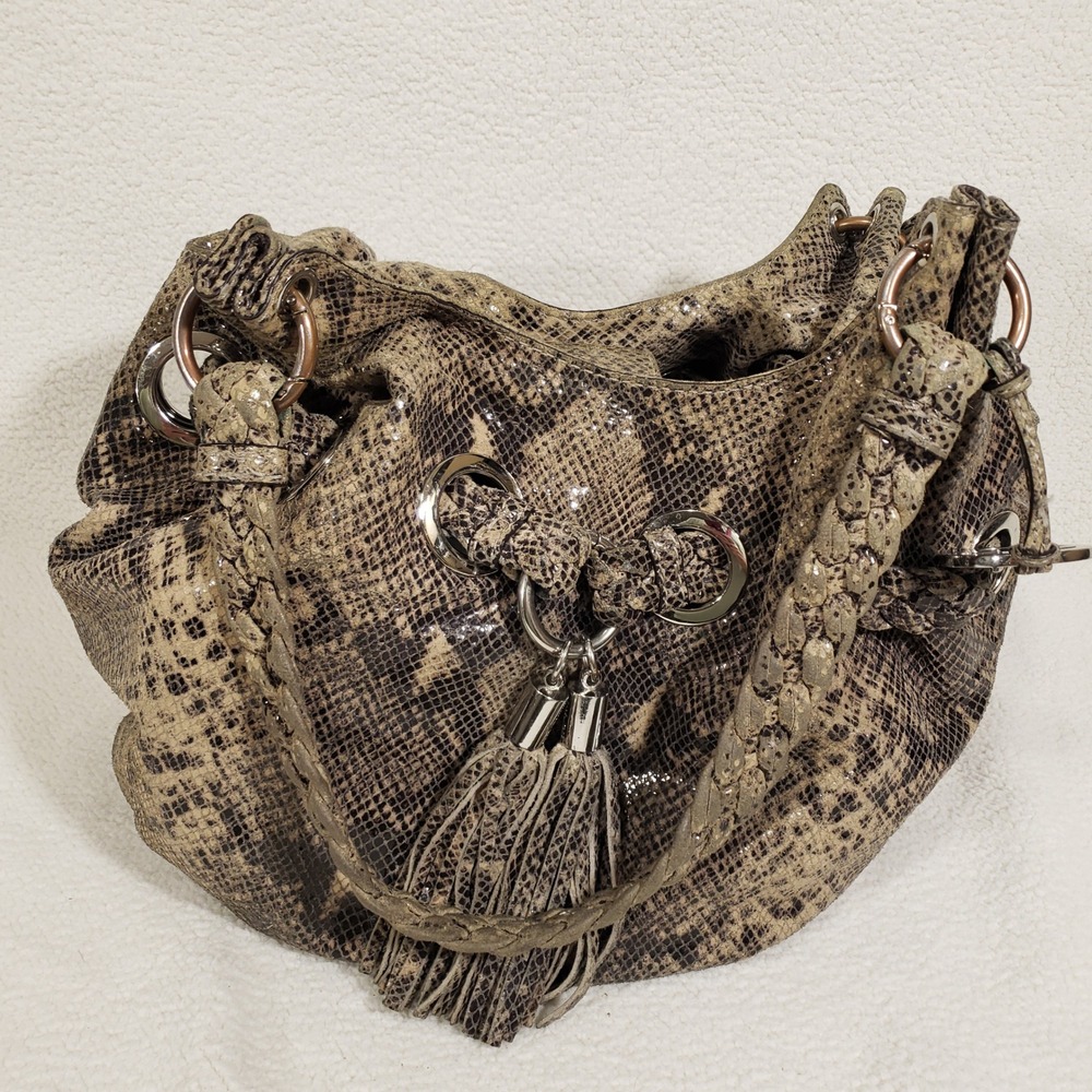Michael Kors Shoulder Bag Womens Large Brown Snakeskin Braided Hobo Tassel 2421